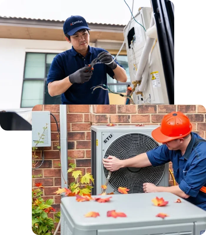 AComfort HVAC technician servicing an energy-efficient heating and cooling system in Metro Atlanta AComfort HVAC technician servicing an energy-efficient heating and cooling system in Metro Atlanta