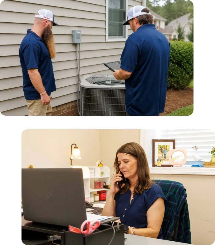 Licensed HVAC technician inspecting residential air conditioning condenser in Griffin GA