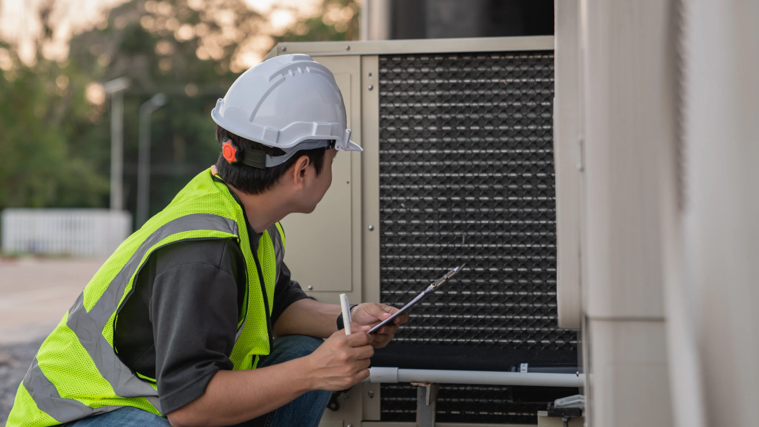 HVAC technician inspecting residential air conditioner outdoor unit maintenance